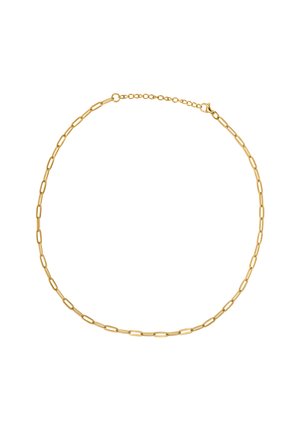 Delicata collana a catena d'oro con maglie ovali allungate e una piccola chiusura regolabile su sfondo bianco.