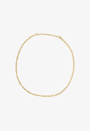 Delicata collana a catena d'oro con maglie ovali allungate e una piccola chiusura regolabile su sfondo bianco.