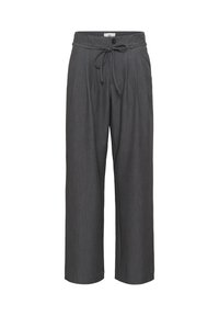 Grijze geplooide broek gemaakt van een zachte stof, met een trekkoord in de taille en een enkele knoopsluiting, met een wijde pijp ontwerp en zonder zakken.