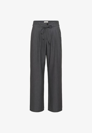 Grå plisserede bukser lavet af et blødt stof, med elastisk talje og en enkelt knaplukning, i bred ben-design og uden lommer.