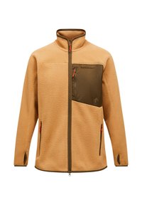 Fleecejacke in beige mit einer braunen Reißverschlusstasche auf der Brust, kontrastierenden Reißverschlüssen und einem hohen Kragen. Mit elastischen Bündchen und Seiten.