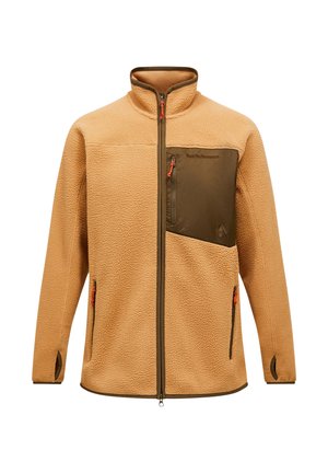 Fleece jacket in tan with a brown zippered chest pocket, contrasting zipper detailing, and a high collar. Features elastic cuffs and sides.