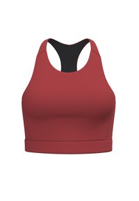 Röd sport-bh med racerback-design, tillverkad av elastiskt material. Slät textur med en kontrasterande svart rygg och ett brett nederkantband.