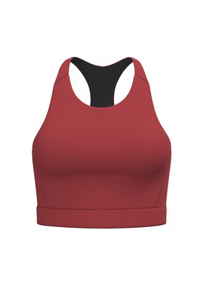 Reggiseno sportivo rosso con design racerback, realizzato in materiale elastico. Texture liscia con retro nero a contrasto e fascia inferiore larga.