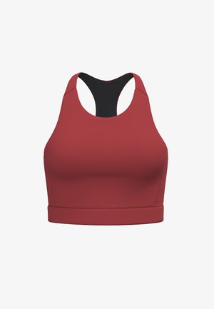 Rotes Sport-BH mit Racerback-Design, aus dehnbarem Material gefertigt. Glatte Textur mit einem kontrastierenden schwarzen Rücken und einem breiten Unterband.