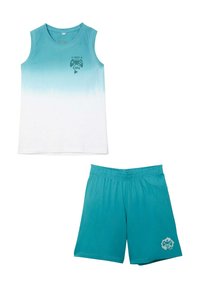 Top senza maniche blu sfumato bianco con grafica di un controller di gioco, abbinato a pantaloni corti blu elastici con emblematico controller simile.