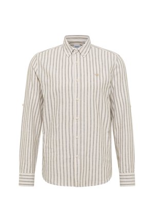 Koszula na długi rękaw na guziki w pionowe beżowe i szare paski, kołnierzyk na guziki oraz małe wyszywane logo na lewej piersi.