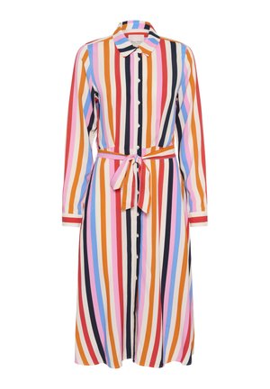 Collared, long-sleeve dress made of lightweight fabric featuring vertical stripes in pink, red, orange, blue, and black. Includes a tie belt.