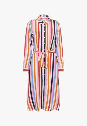 Abito con colletto e maniche lunghe realizzato in tessuto leggero, caratterizzato da strisce verticali nei colori rosa, rosso, arancione, blu e nero. Include una cintura da annodare.