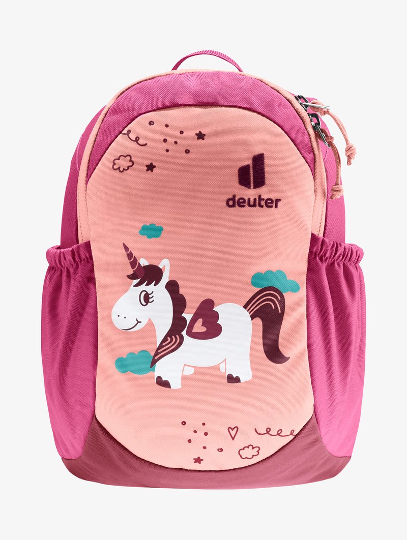 Ροζ σακίδιο με σχέδιο πουγκιού με ένα λευκό και καφέ άλογο, σύννεφα, καρδιές και αστέρια. Κατασκευασμένο από ανθεκτικό υλικό, με πλαϊνές τσέπες.