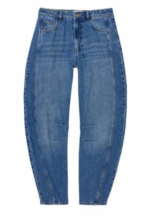 Blauwe taps toelopende jeans met hoge taille, knoop aan de voorkant, ritssluiting, twee zijzakken en gestikte kniedetails.