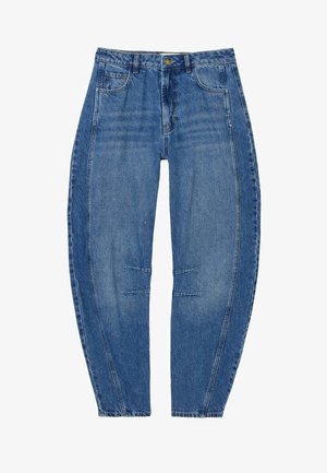 Blauwe taps toelopende jeans met hoge taille, knoop aan de voorkant, ritssluiting, twee zijzakken en gestikte kniedetails.