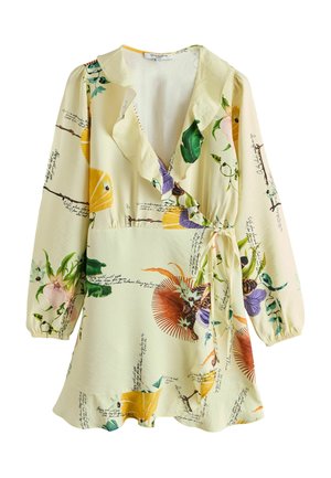 Krémové zavinovací šaty s dlouhými rukávy, květinovými potisky, vzory ve stylu písma, volánkovým límcem a páskem na zavazování v pase.
