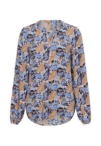Langärmlige Bluse aus leichtem Stoff mit floralem Muster in Blau, Marineblau und Beige, mit V-Ausschnitt und Knopfdetail.