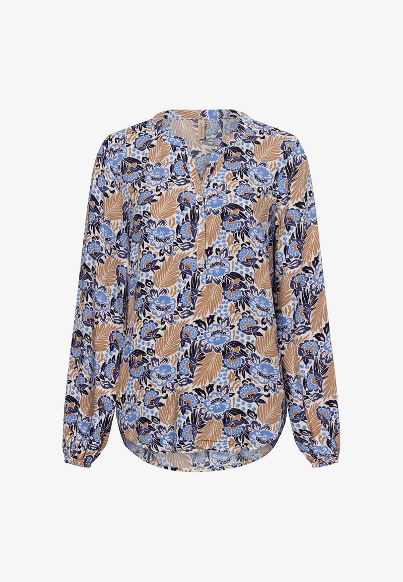 Langärmlige Bluse aus leichtem Stoff mit floralem Muster in Blau, Marineblau und Beige, mit V-Ausschnitt und Knopfdetail.