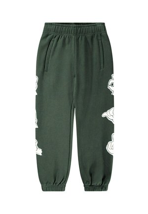 Pantalons de jogging vert foncé en tissu doux, dotés d'une taille élastique et de graphismes floraux blancs sur les côtés. Finitions élastiques aux chevilles.