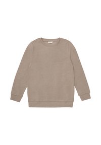 Vaaleanbeige huppari, jossa on pitkät hihat, ribbaus kaula-aukossa ja hihansuissa. Sileä pinta, minimalistiinen muotoilu, ei näkyviä kuvioita tai tarvikkeita.