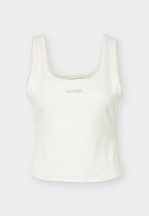 Bela rebrasta kratka majica brez rokavov z ravnim izrezom in majhnim logotipom »GUESS« na sredini prsnega koša.