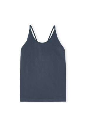 Dark blue tank top with thin straps, a scoop neckline, and a smooth texture. Features a straight hem and tailored fit.