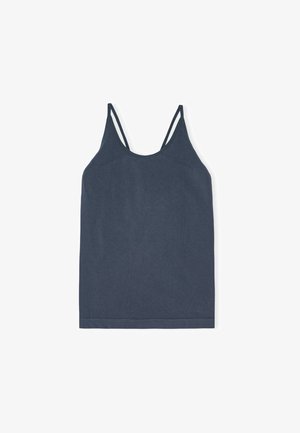 Tumma sininen hihaton paita, jossa on ohuet hihnat, pyöreä kaula-aukko ja sileä pinta. Mukana suora helma ja muotoiltu istuvuus.