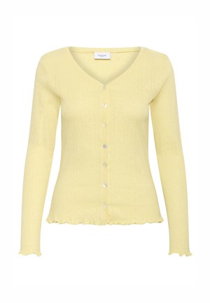 Helles gelbes Cardigan mit gerippter Textur, V-Ausschnitt, langen Ärmeln und sechs Knöpfen. Verfügt über einen gefransten Saum und ein fein detailliertes Muster.