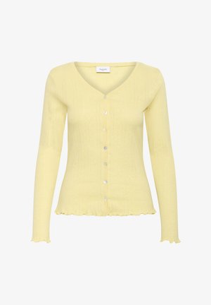 Light yellow cardigan with a ribbed texture, V-neck, long sleeves, and six buttons. Features a ruffled hem and finely detailed pattern.