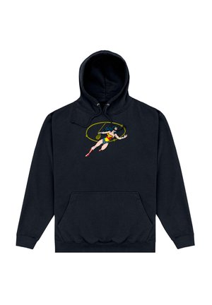 Czarna bluza z kapturem z kieszenią z przodu, z kolorową grafiką Wonder Woman, przedstawiającą ją w akcji z okrągłym żółtym akcentem.