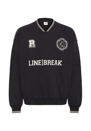 Black sweatshirt with contrasting white embroidered text and logos. Features a ribbed collar and cuffs with subtle striped detailing.