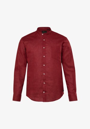 Red linen long-sleeve shirt with a stand collar, four front buttons, left chest pocket, and curved hem. Smooth texture and subtle sheen.