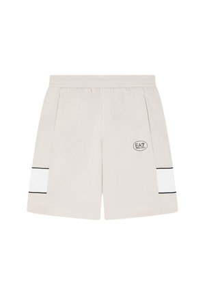 Pantaloncini sportivi beige con fascia elastica in vita, dettaglio a righe bianche e nere sui lati e piccolo logo EA7 Emporio Armani sulla gamba sinistra.