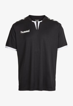 Sort kortærmet trøje med V-hals, udstyret med hvide detaljer og et lille logo. lavet af glat, letvægtsstof, der er velegnet til sport.