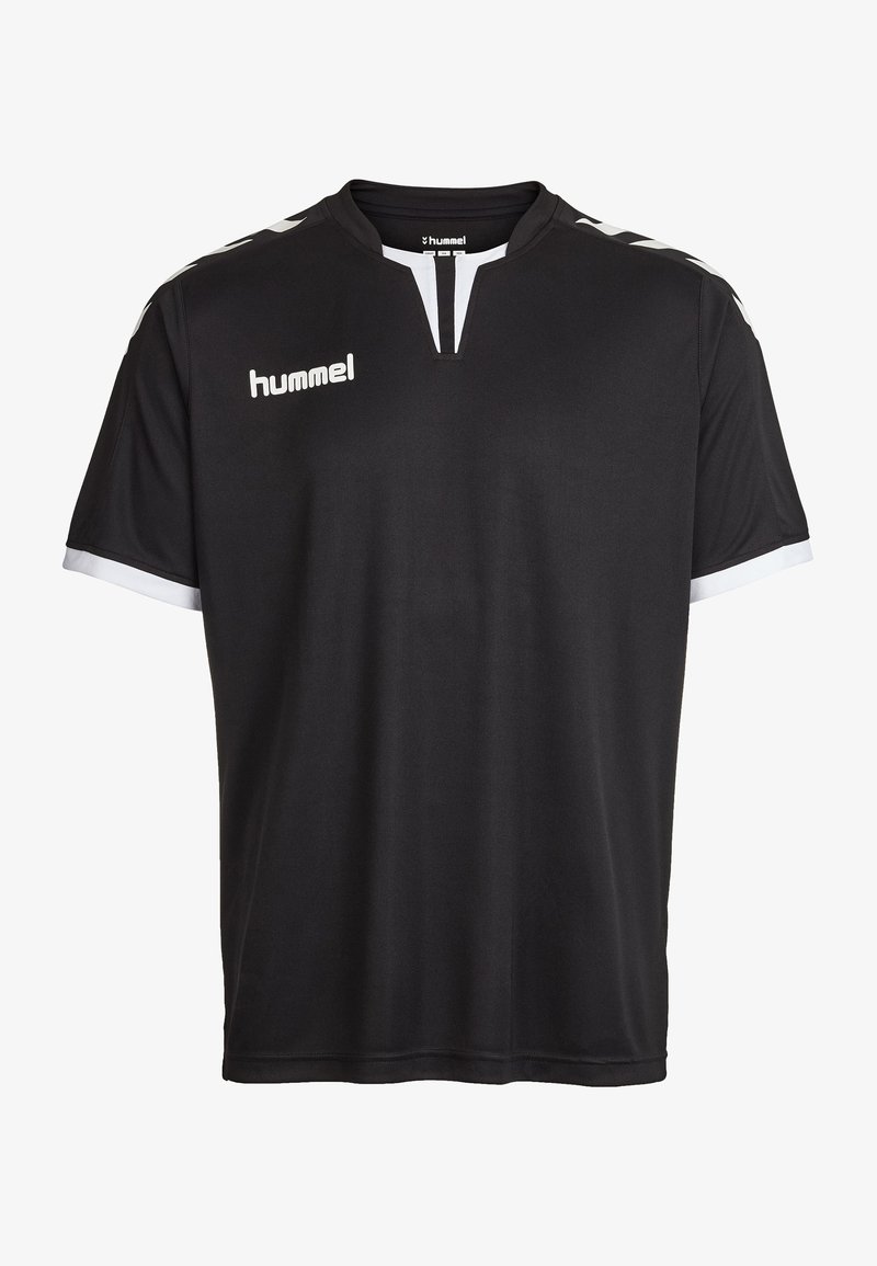 Sort kortærmet trøje med V-hals, udstyret med hvide detaljer og et lille logo. lavet af glat, letvægtsstof, der er velegnet til sport.