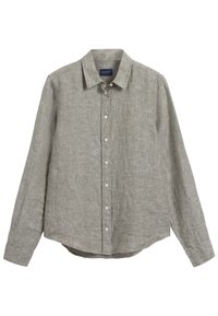 Chemise en lin gris clair à manches longues avec un col boutonné, des boutons sur le devant et un ourlet arrondi. Tissu texturé avec une finition naturelle.