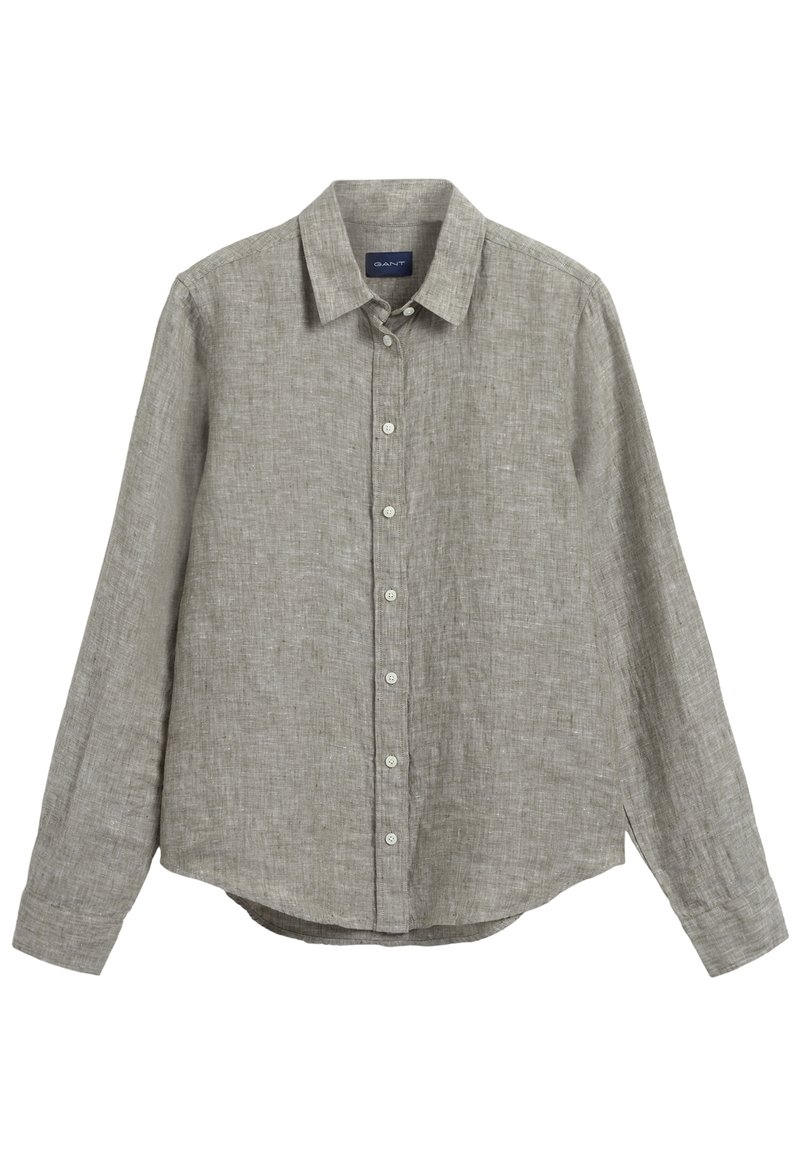 Chemise en lin gris clair à manches longues avec un col boutonné, des boutons sur le devant et un ourlet arrondi. Tissu texturé avec une finition naturelle.