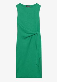 Robe verte sans manches longueur genou avec encolure ronde et détail de nœud sur le côté, fabriquée en tissu texturé.