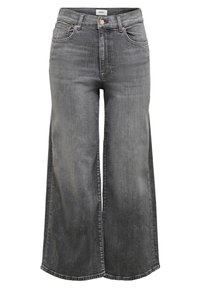 Korkeavyöguiseet leveät farkut haalistuneessa mustassa denimmissä, joissa on etupainike, etutaskut ja vyölenkit.