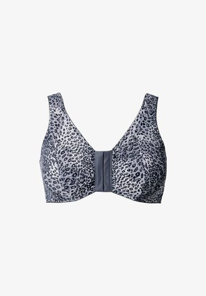 Leopardenmuster-BH in Grau und Schwarz, aus einem glatten Material gefertigt. Verfügt über ein breites Band und verstellbare Träger für Unterstützung und Komfort.