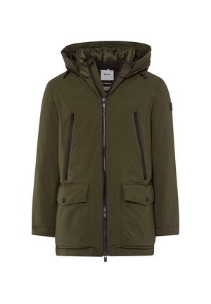 Olivengrüne, wasserdichte Jacke mit abnehmbarer Kapuze, Reißverschluss, zwei mit Reißverschluss versehenen Brusttaschen und zwei Fronttaschen mit Klappe.