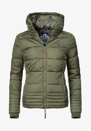 Olive green padded jacket with a hood, zip closure, ribbed cuffs, and subtle branding. Features horizontal stitching and smooth texture.