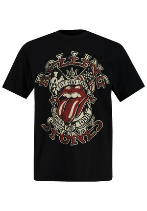 Černé bavlněné tričko s opotřebovaným logem Rolling Stones, červenými rty, lebkou a hvězdami v dekorativním kruhovém designu.