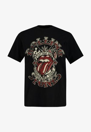 Černé bavlněné tričko s opotřebovaným logem Rolling Stones, červenými rty, lebkou a hvězdami v dekorativním kruhovém designu.