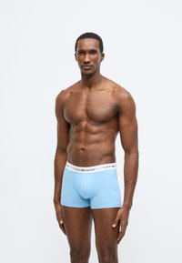 Lyseblå bomuldsboxershorts med en hvid linning med "TOMMY HILFIGER"-mærkning. Glat tekstur og tætsiddende design.