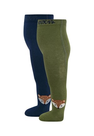 Zwei Paar Kinderstrumpfhosen, eines dunkelblau und eines olivgrün, beide mit einem Fuchsgesicht-Design nahe den Füßen.