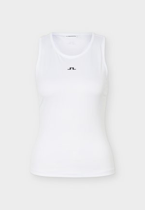 Biele atletické tielko bez rukávov s okrúhlym výstrihom a malým čiernym logom voľne umiestneným pod golierom na jednoduchom pozadí.