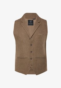 Chaleco de espiga marrón con cuello de pico, cinco botones y dos bolsillos frontales. Textura suave con un diseño ajustado.