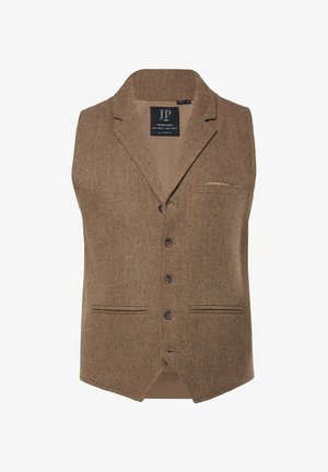 Brown herringbone vest with a notched collar, five buttons, and two front pockets. Soft texture with a fitted design.