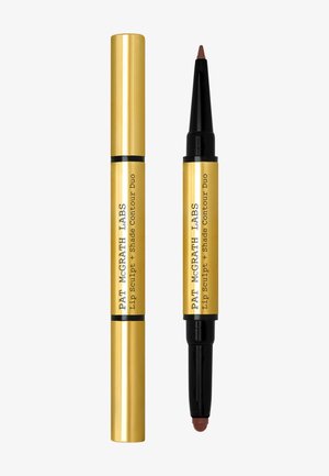 Doppelendiges Lippen-Skulptur- und Kontur-Duo mit goldenem Gehäuse, ein Ende ist mit einer Kappe versehen, das andere zeigt einen einziehbaren braunen Stift und einen Schwamm-Applikator.