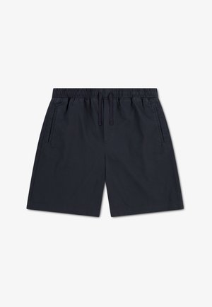 Shorts bleu marine en tissu léger, dotés d'une ceinture élastique avec cordon de serrage et de deux poches latérales.