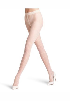 Light pink tights featuring a polka dot pattern, smooth texture, and a wide waistband, paired with white high-heeled shoes.