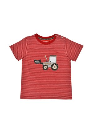 Red and white striped toddler shirt with short sleeves and embroidered tractor design on front, two snap buttons on left shoulder.